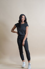 Load image into Gallery viewer, DT Unjumpsuit 2 piece jumpsuit, lightweight fabric with pockets, romper, in black - Duckhtreads
